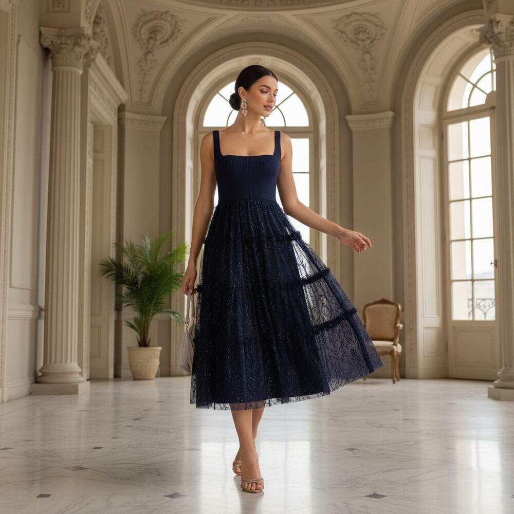 Adrianna Papell Navy Lace Tiered Dress Size 10 NWT  Square‑Neck Midi